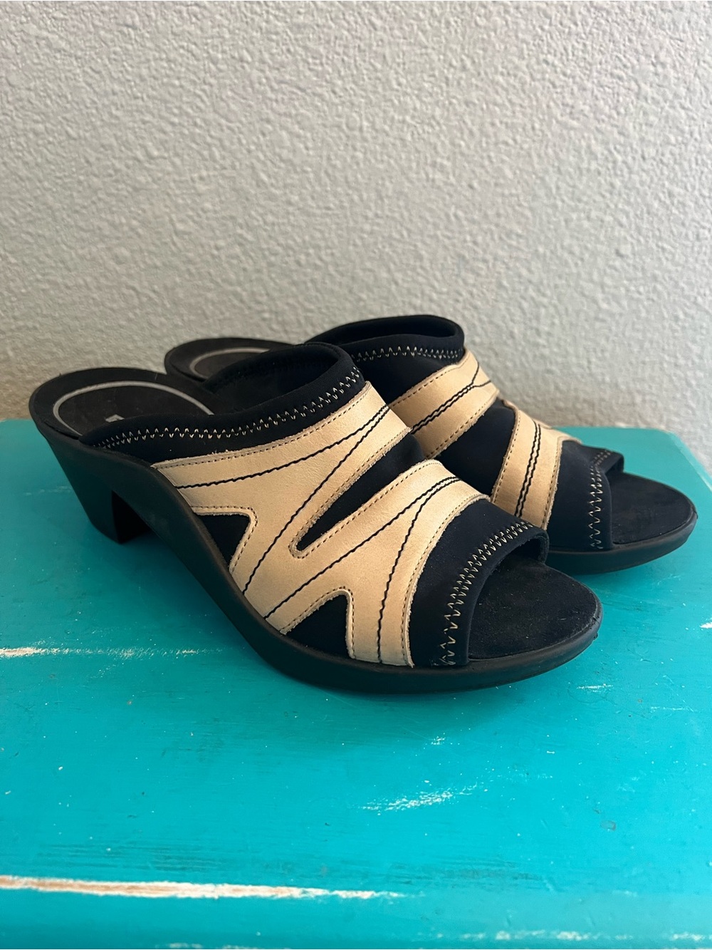 Romika Open Toe Slip-On Platform Sandal Black & Beige EU Size 37 US 6-6.5